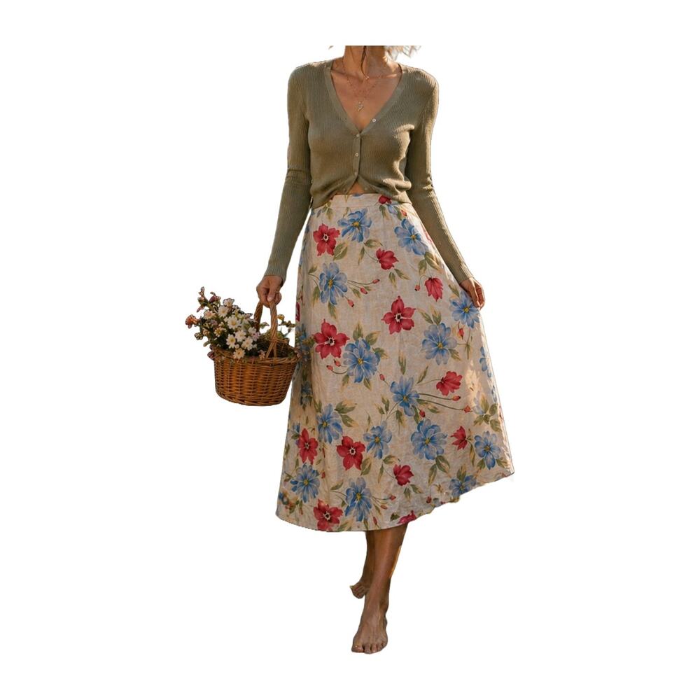 Vintage Harold’s Cream Linen Floral Midi Skirt Size 8 2000s Cottagecore Coastal